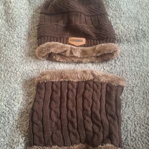 Vbiger Brown Knit Beanie and Scarf Set